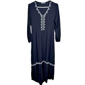 M&W Collection maxi tunic, Medium, black, embroidery, tiered dress Boho Chic